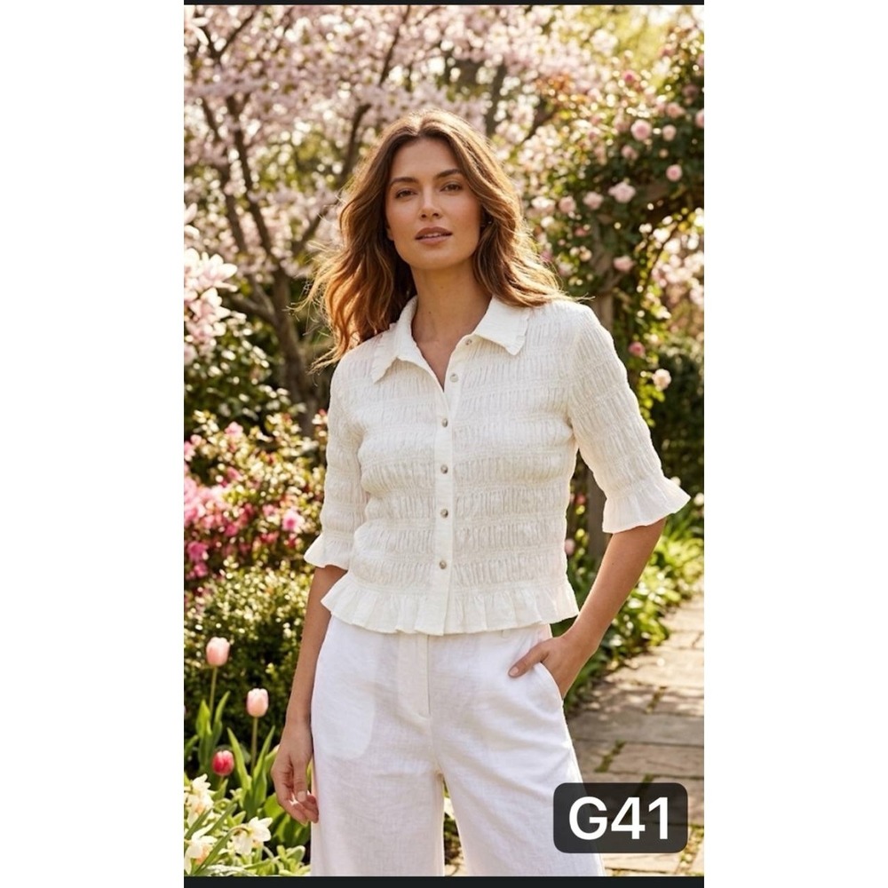 Anthropologie Maeve Smocked Ruffle Button-Down Crop Top Ivory Sz S Cottagecore